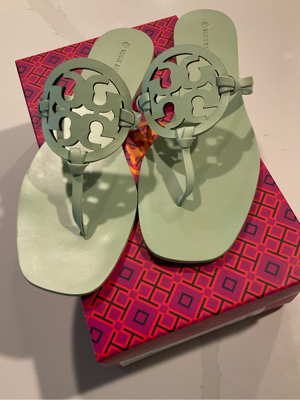 Tory Burch Miller Square Toe Cutout Logo Thong Sandals in Meadow Mist Mint Green